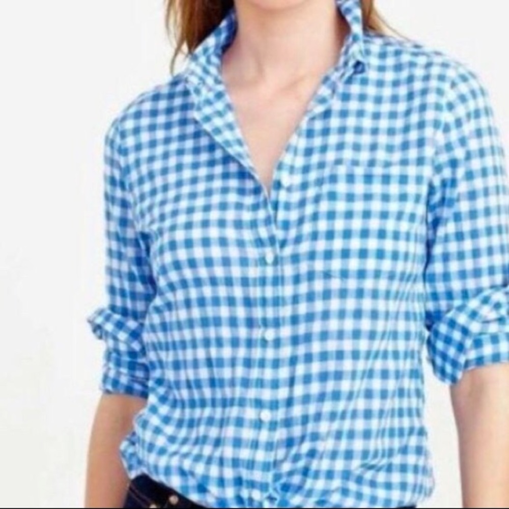 J. Crew blue gingham boy fit button down top